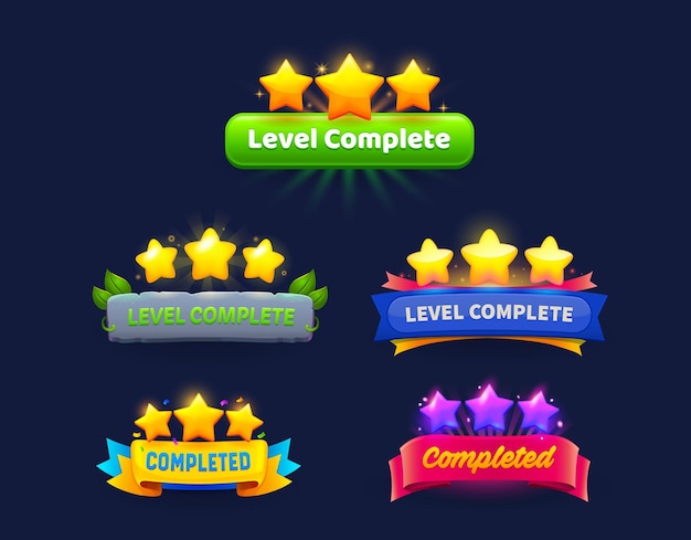 Vettore livello di gioco completato o livellato icone badge con stelle luminose foglie verdi piastra di pietra e nastri colorati o striscioni ui o gui popup schermata risorse pulsante per l'interfaccia di menu app mobile o gioco