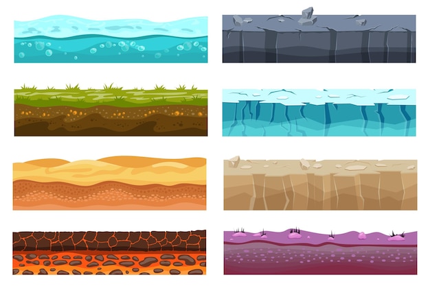 평평한 디자인의 게임 레벨 그라운드 메가 세트 요소 토양 사막 모래 뜨거운 용암 돌 눈과 얼음 록랜드 템플릿이 있는 물 잔디 번들 벡터 그림 격리 그래픽 개체