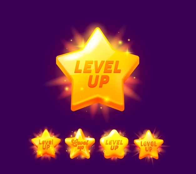 Game level omhoog beloning star rate icon of award badge vector gouden prijs UI asset Level up award of bonus rang ster en medaille trofee beloning met gouden glans arcade videogame next level bonus