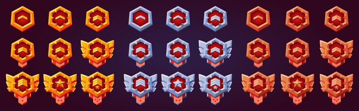 Vector game level rank badges collection progress insignia victory award conquest emblem and award red