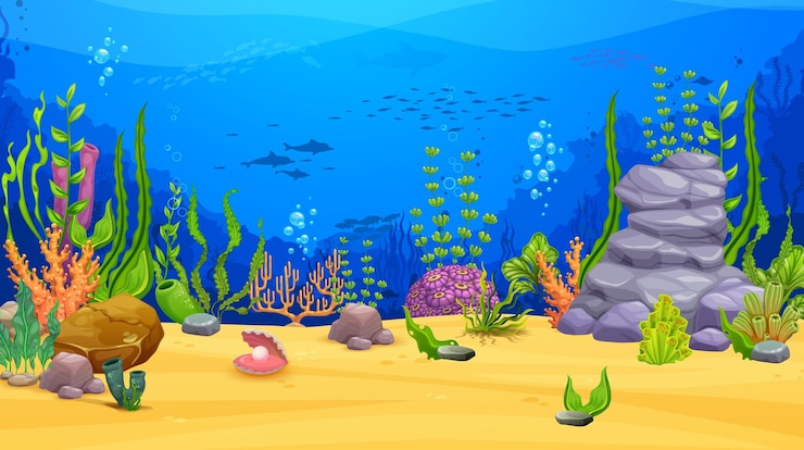 Vector game level underwater landscape cartoon vector parallax background with sea bottom fish shoal silhouettes shell corals plants and rock tropical ocean floor marine aquatic scene undersea world