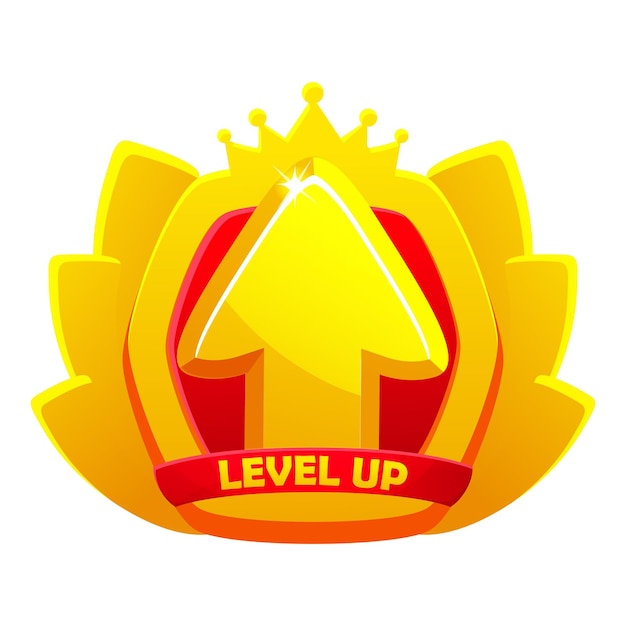 ベクトル ゲーム レベル アップ バッジ アイコン ベクトル ボーナス ランク報酬エンブレム、金色の上昇矢印の王冠と盾、勝者の評価 ui または gui アプリ要素のユーザー インターフェイスの評価の達成