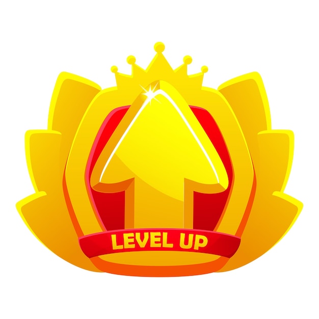 Game level up badge icon vector bonus rank reward emblem with golden raising arrow crown and shield winner evaluation ui or gui app element user interface rating achievement