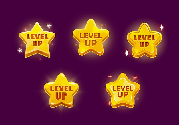 Game level up beloning sterrekening pictogrammen geïsoleerde vector gouden badges set award ui medailles glanzende rang prestatie Rating bonus sterren winnaar of kampioen toernooi waardering menu interface elementen