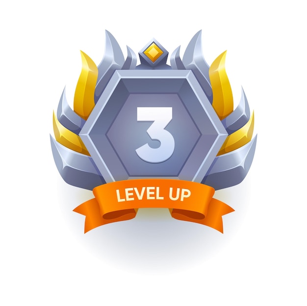 Game level up and win metal badge isolated icon