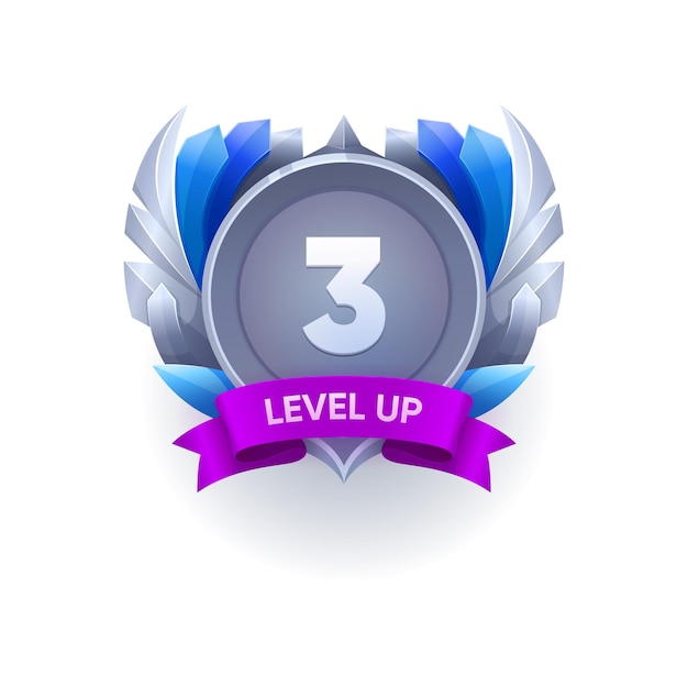 Vector game level up and win metal badge ui icon label