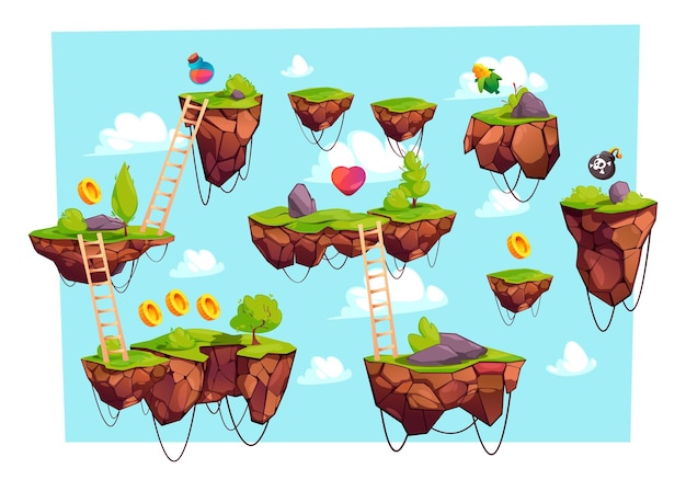 Vector game level with flying ground cartoon 2d stage with coins hearts floating wooden stairs