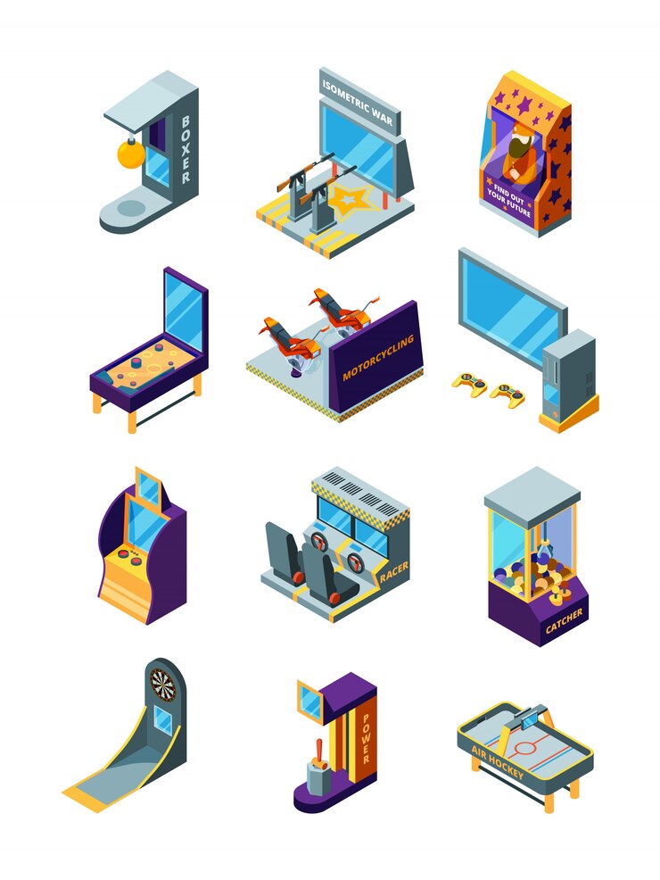 Vector game machines. race simulator darts arcade funny games for kids pinball amusement park isometric machines