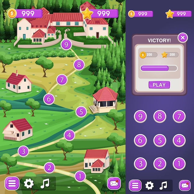 Game map with many levels, landscape, user interface ui - ux