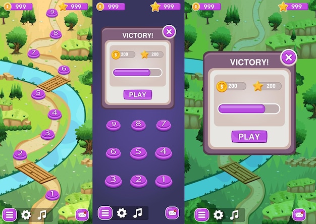 Vector game map with many levels, landscape, user interface ui - ux