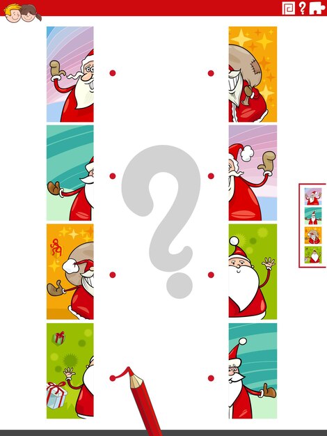 Game of matching halves with cartoon santa claus characters on christmas time