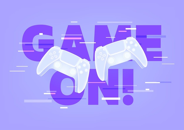 Game on Neon game controller or joystick for game console on blue background