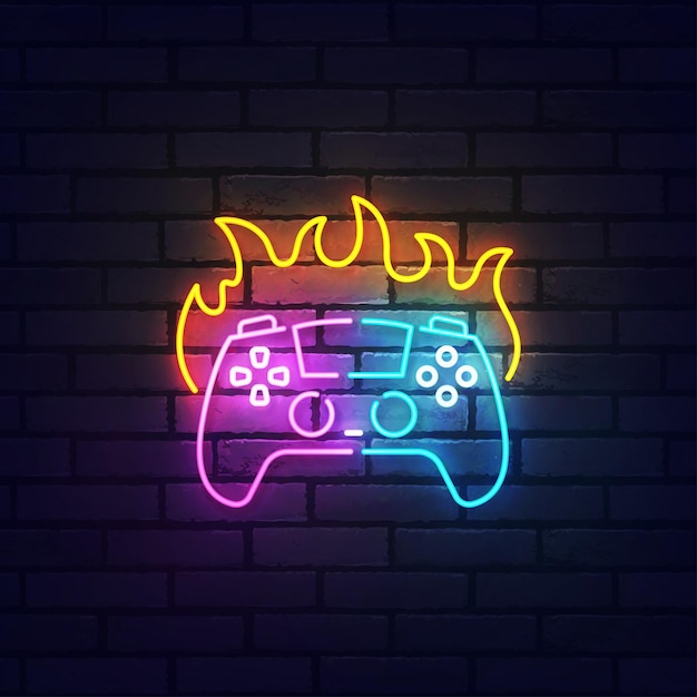 Game neon sign bright signboard light banner Game joystick on fire logo neon emblem