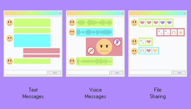 Game old PC aesthetic design for messenger app with retro UI Bubble speech with text voice