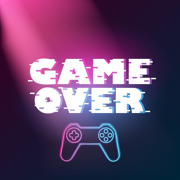 Vector game over poster met lowpoly elementen neon game controller drie kleur halfverschoven letters retro vin