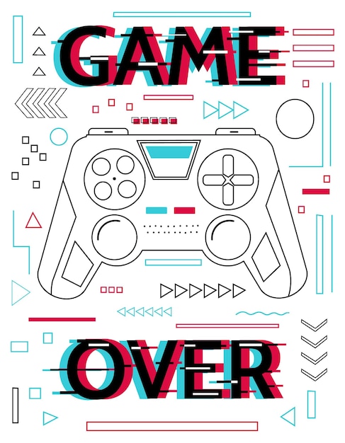 Game over poster Video gaming joystick Contour gamepad en glitch lettering Speel arcade Lijnelementen Cyber sport Entertainment technologie Console met knoppen Vector banner