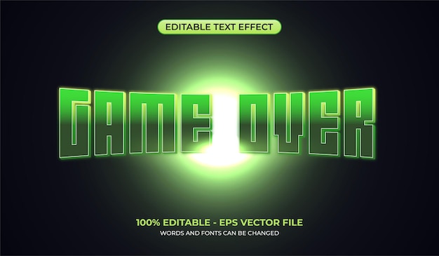 ゲームオーバーテキスト効果。光沢のある緑色のフレアを備えた編集可能なテキスト効果