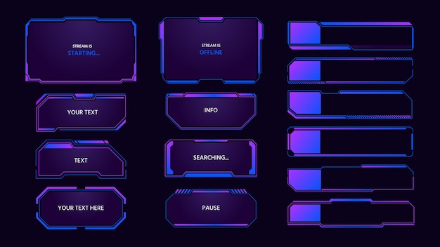 Game panel Streaming overlay interface elements futuristic monitor tabs and frames live stream pop up window and tech message Vector streamers soft layout set