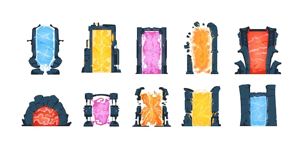 ベクトル ゲームポータル 異なる形状と色の漫画のテレポーテーションドア 異次元間の移行のための孤立した魔法や未来的なゲート ベクターの丸いおよび正方形の石の輝くテレポートセット