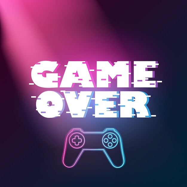 Game over poster con elementi lowpoly controller di gioco al neon lettere a tre colori semitrasformate retro vin