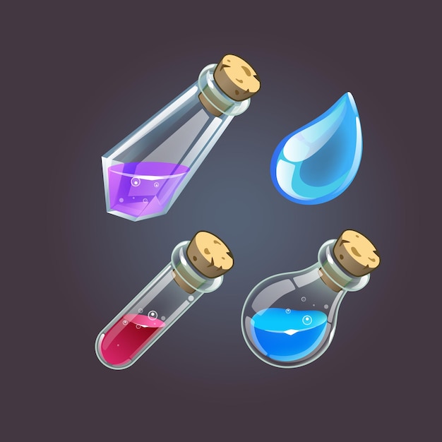 Vector game potion cartoon elixir voor kracht mana en uithoudingsvermogen en druppel water