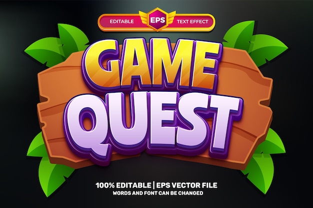 Vector game quest 3d logo mock up template editable text effect style