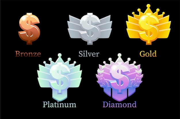 Vector game rank reward dollar, gold, silver, platinum, bronze, diamond money 6 steps animation for game.  illustration set different finance icons, design improvements.