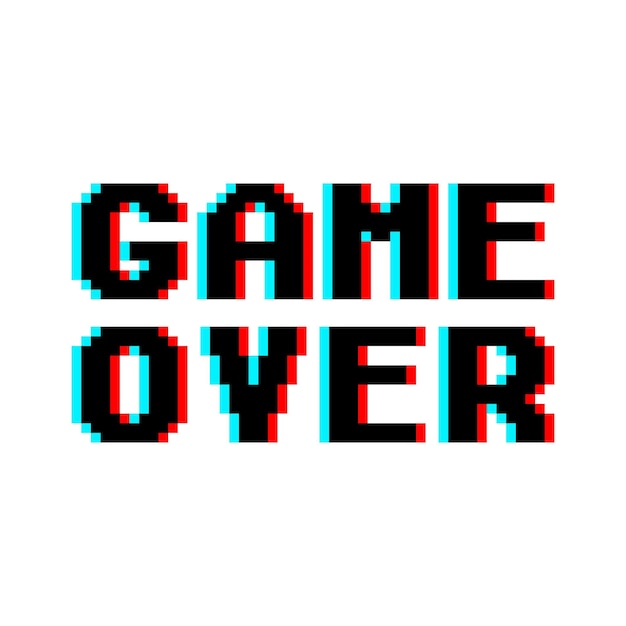 Game over in stile retrò pixel art design glitch e rumore isolato su sfondo bianco. concetto di livello finale nel gioco virtuale o interfaccia utente classica per videogiochi online. illustrazione vettoriale. Vettore Premium