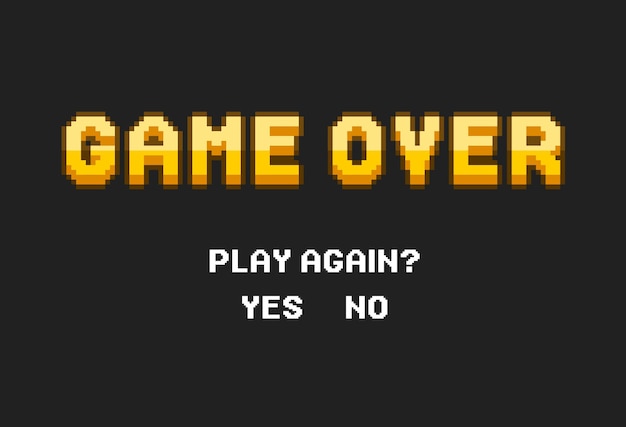 Game over in stile pixel art retrò su sfondo nero. concetto di livello finale nel gioco virtuale o interfaccia utente classica per videogiochi online. messaggio sullo schermo del videogioco. illustrazione vettoriale.