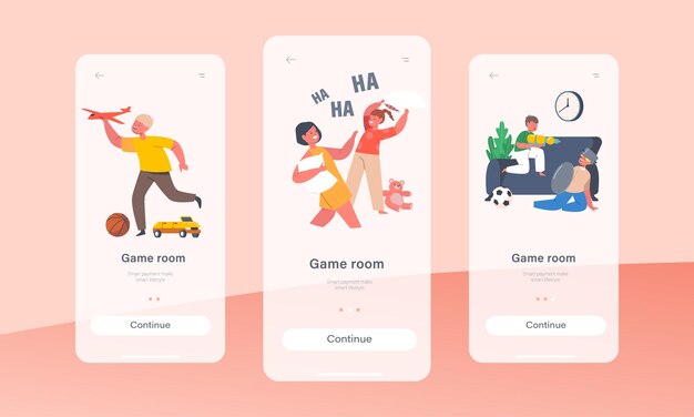 Game room mobile app page onboard screen template. naughty hyperactive children fight, little girls and boys playing, making mess, kids characters fooling concept. cartoon people vector illustration