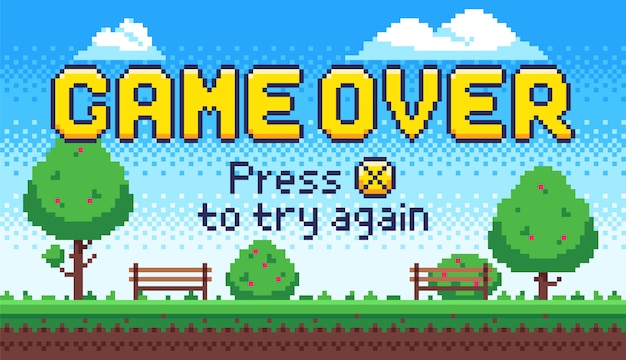 Game over screen. Retro 8 bit arcade games, old pixel video game end and pixels press X to try again sign   illustration