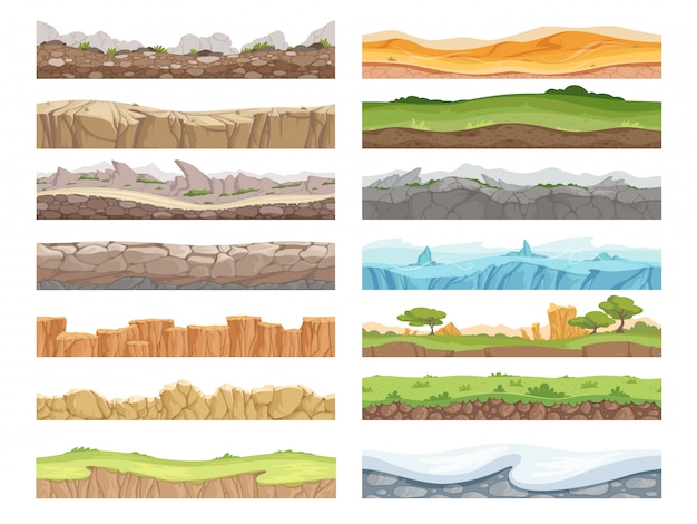 Vector game seamless ground. cartoon rock dirt landscape stone ground asset  floor  background