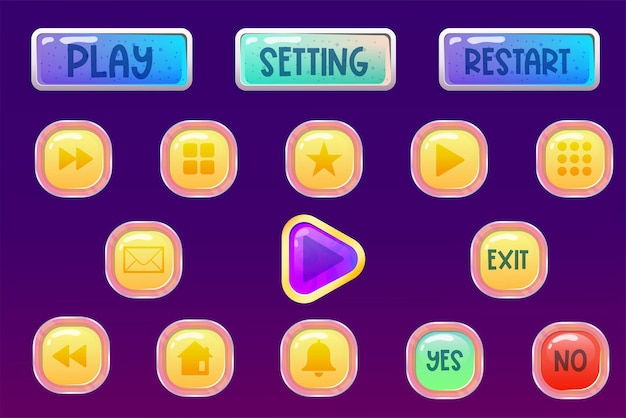 Vector game space button kit great for 2d mobile games cartoon vector illustration mobile web design game elements set menu app assets