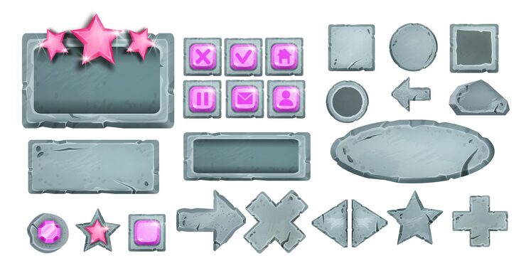 Vector game stone button set vector rock ui icons cartoon web menu background star arrow cross gem mobile interface design element circle panel square frame rectangle tablet game button collection