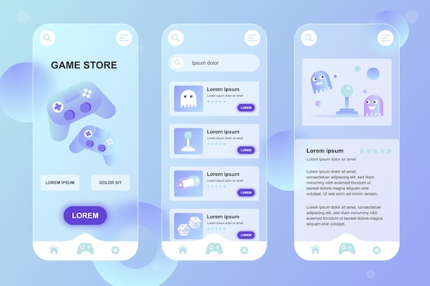 Game store glassmorphic design neumorphic elements kit for mobile app ui ux gui screens set