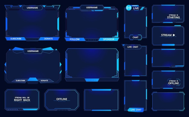 Game stream frames futuristic gamers live streaming interface screen mmo game menu garish frames flat vector illustration set gamers stream elements