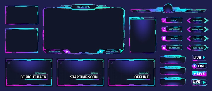 Vector ゲーム ストリーム フレーム ゲームのストリーマーのライブ会議のグロー テーマ hud フレーム twitch ストリーミング メディア ゲーマー ブロードキャスト ウェブカメラ デジタル ボックス ビデオ スクリーン 派手なベクトル イラスト