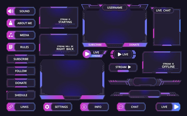 Vector game streaming interface elements gaming frames bars and buttons mmo game menu elements flat vector illustration set futuristic game stream dashboard icons