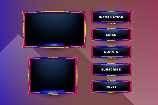 Vector game streaming panels and button design collection. gradient twitch panels