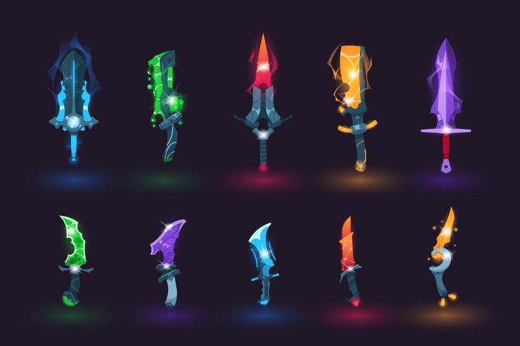 Vector game sword cartoon various gaming weapons with different colors and characteristics for playing actions fire or magic poison blades battle broadsword and saber vector inventory set