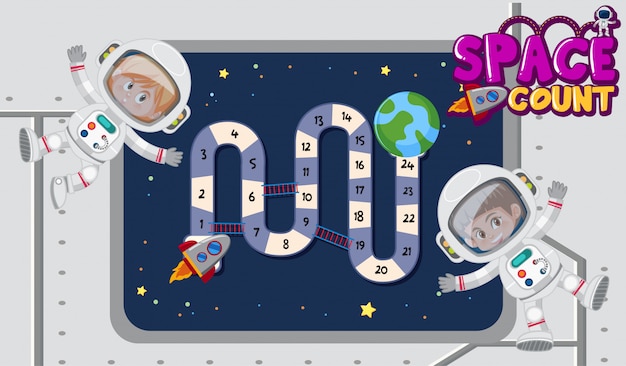 Vector game template with astronauts flying in space