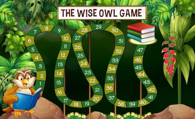 Vector game template with owl reading book in jungle