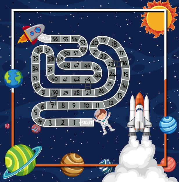 Vector game template with spaceship slying in space