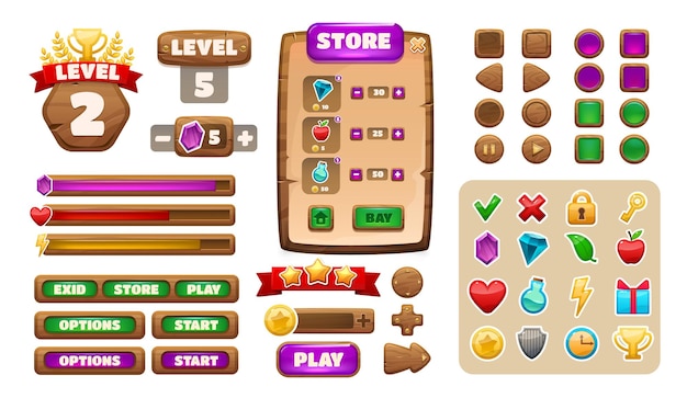 Game UI asset Cartoon wooden menu interface elements buttons icons panels progressbars checkbox and level indicator collection Vector set