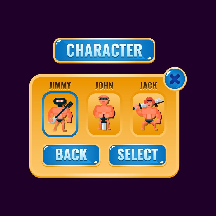 Vector game ui character selection fantasy golden jelly pop up
