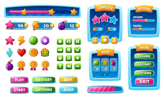 Game ui elements, mobile app interface buttons, icons and panels. cartoon gui assets, games menu design interface elements vector set