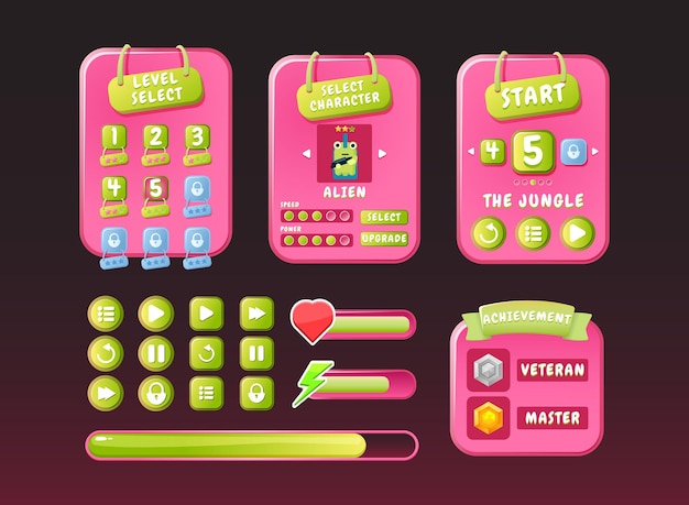 Vector game ui funny nature pink casual kit menu pop up interface with icon and progress bar