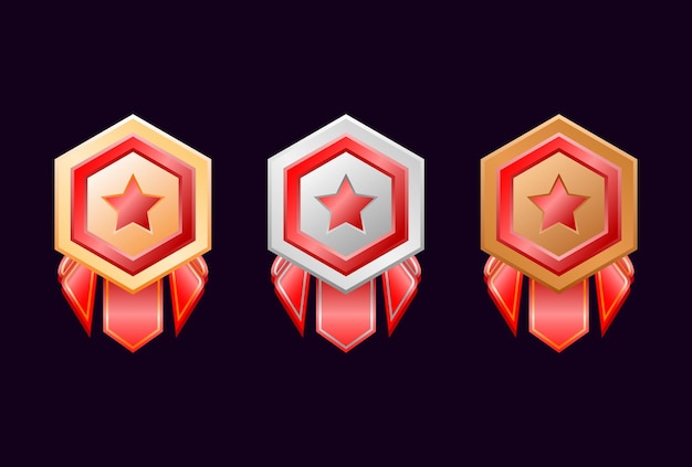 Vector game ui gold, silver, bronze rank badge medals with red ribbon