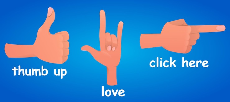 Vector game ui kit, hand gestures set in different positions illustration