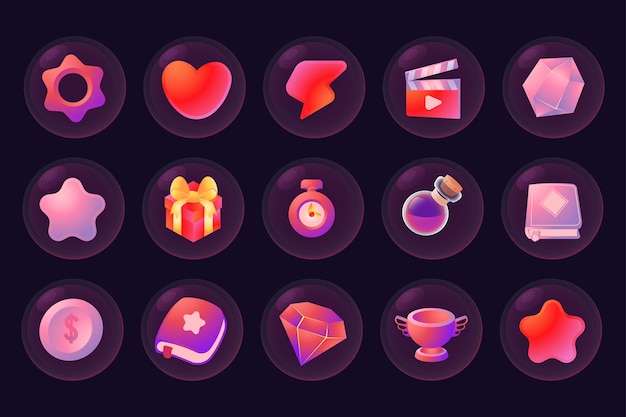 Game ui kit icons stars colored ribbons menus and status bars for online web or smartphone games